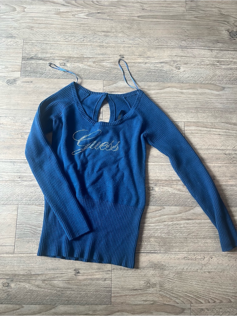 Vintage Y2K GUESS Blue Ribbed Scoop Neck Logo Sweater